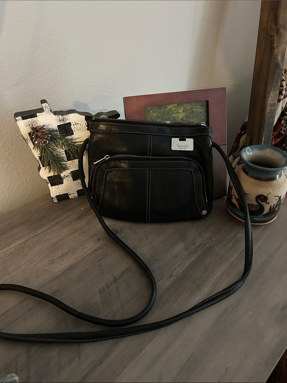Tignanello Black Smooth Leather Organizer Crossbody